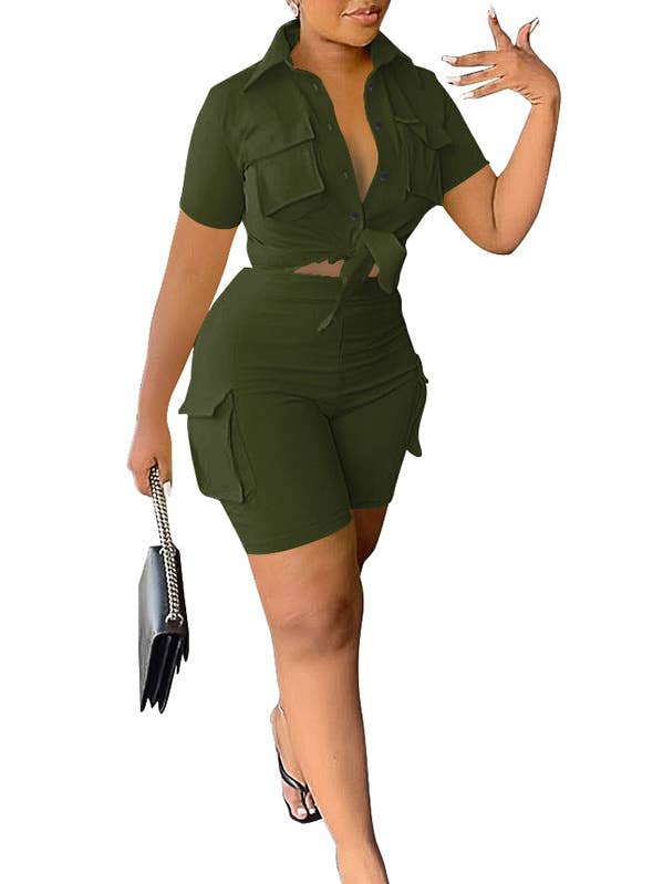 MB FASHION Button-Up Crop and High-Waist Shorts Set 8328LY for wholesale by MB Fashion Wholesale