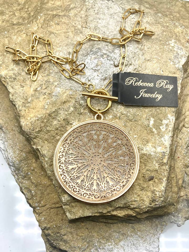 Boho Gold Statement Necklace with Medallion for wholesale by Rebecca Ray Jewelry