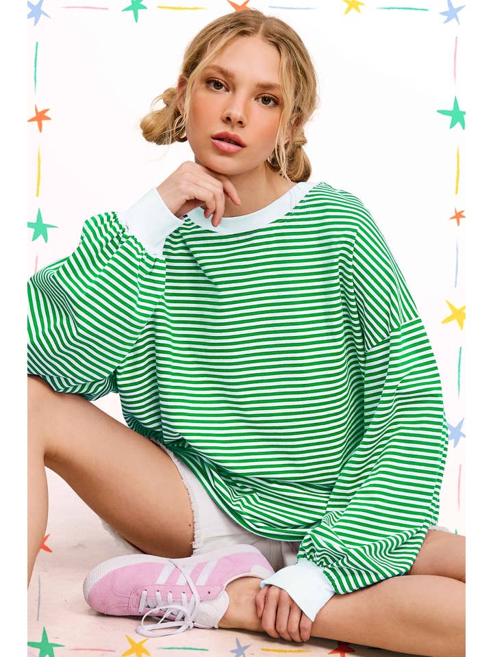 La Miel - Wholesale Knit Top - Women's - MCT7678-Oversized Striped Long Sleeve Pullover Top