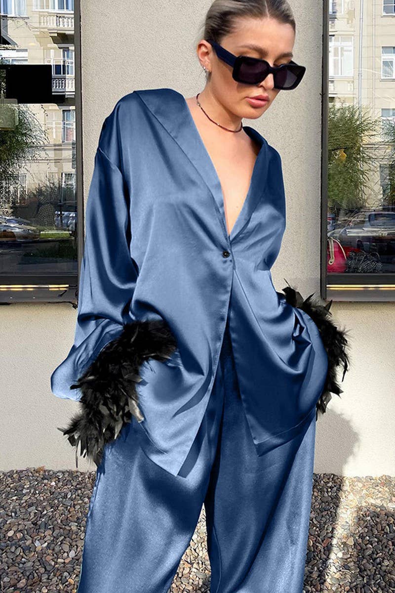 BLEU ENSEMBLE DE MAISON EN SATIN PLUME COULEUR UNIE CWSPJ0165 en vente sur Faire2