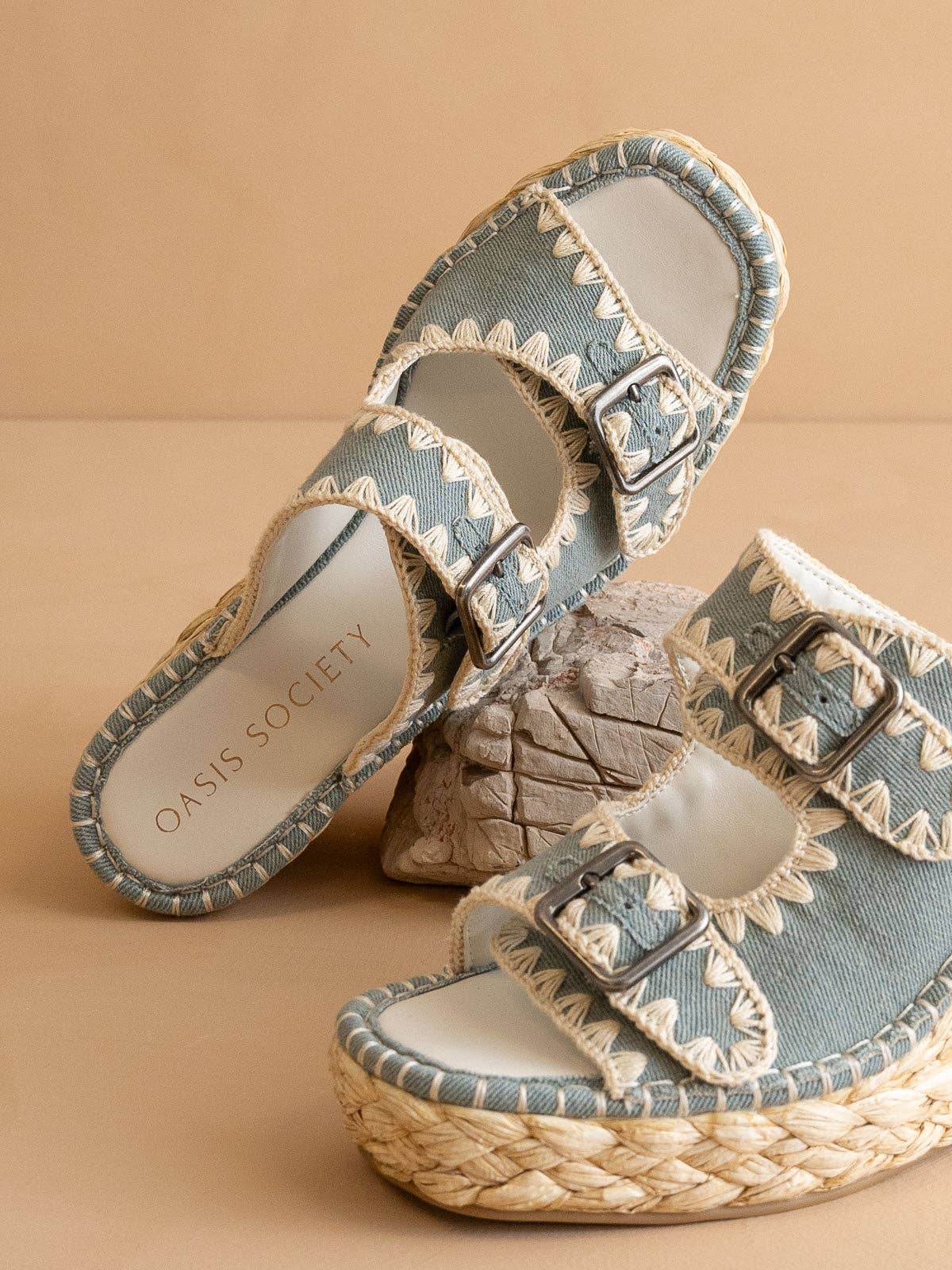 The Rae | Blue Embroidered Espadrille Wedges Double Buckle for wholesale on Faire4