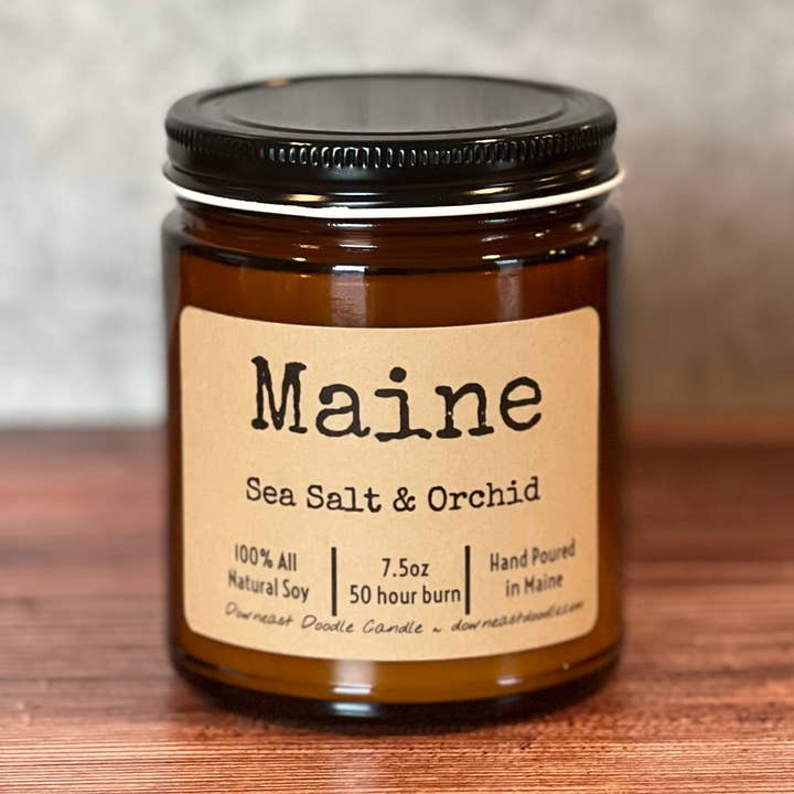 STATE CUSTOMIZED amber natural soy candle for wholesale by Downeast Doodle Candle Company, LLC