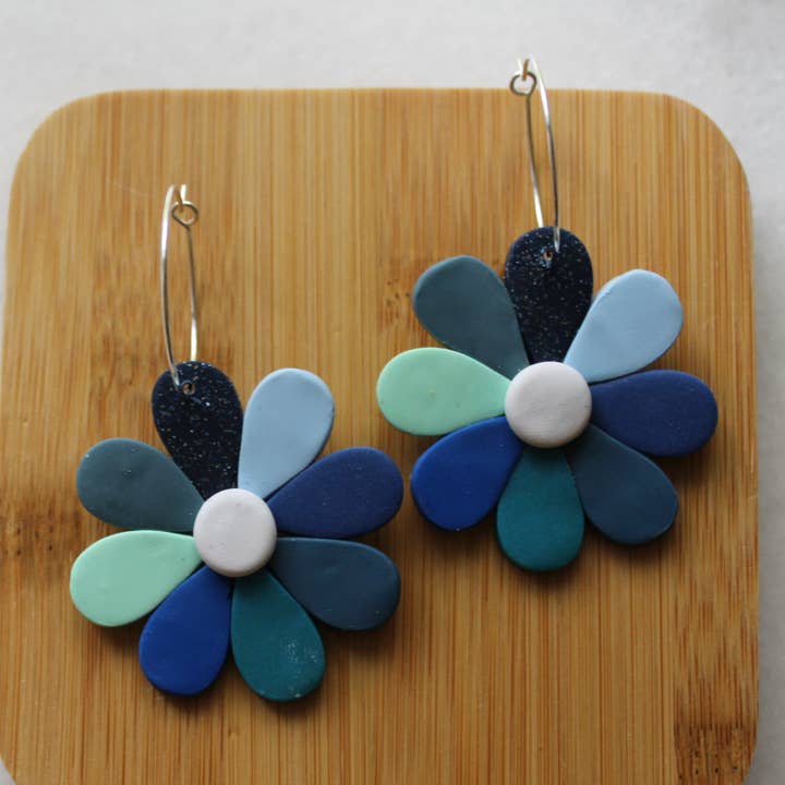 Color-Wheel Daisy Hoops - Handmade Polymer Clay Earrings for wholesale by Sweet Caroline Clay