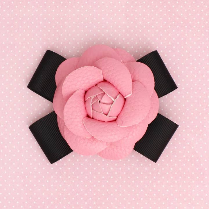 Brooch Clip Pink Faux Leather Camellia Ribbon Pin for wholesale on Faire2