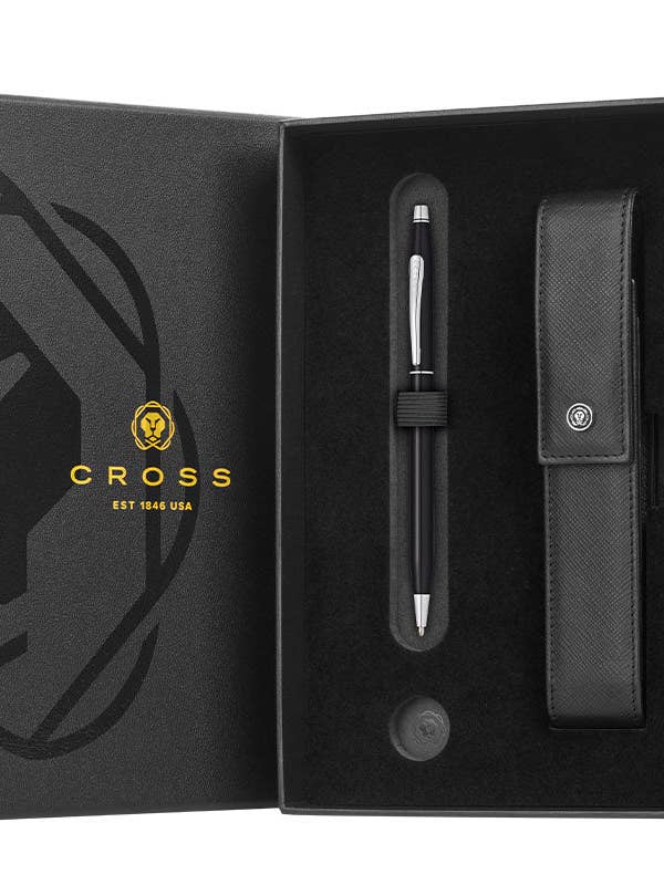Classic Century Black Lacquer Ballpoint Pen with Classic Black Magnetic Leather Single Pen Case Gift Set for wholesale by A. T. Cross