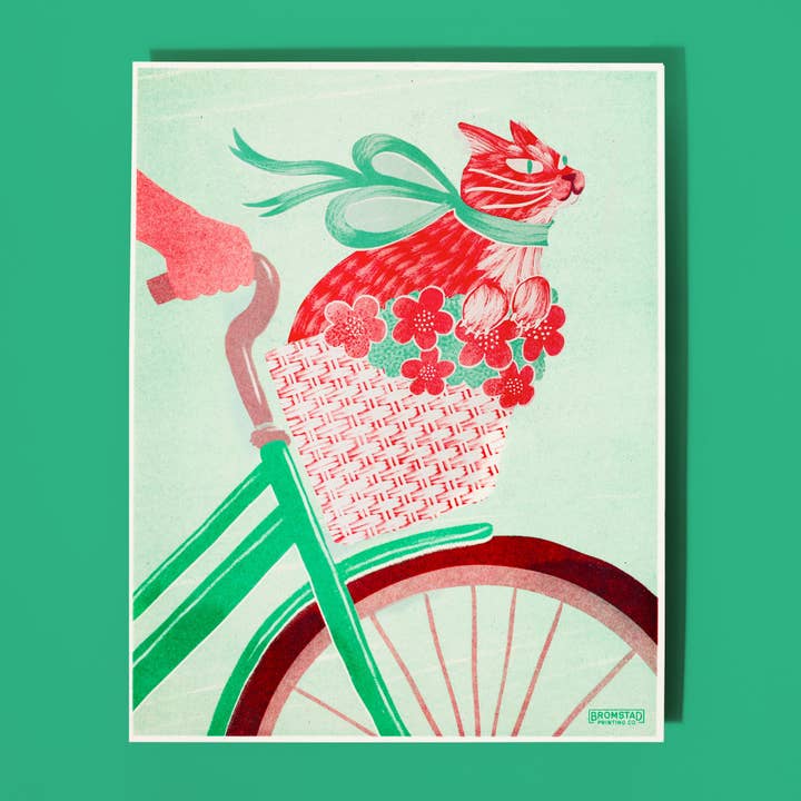 Bromstad Printing Co. - Wholesale Art Print - Cat in a Bike Basket - Risograph Print