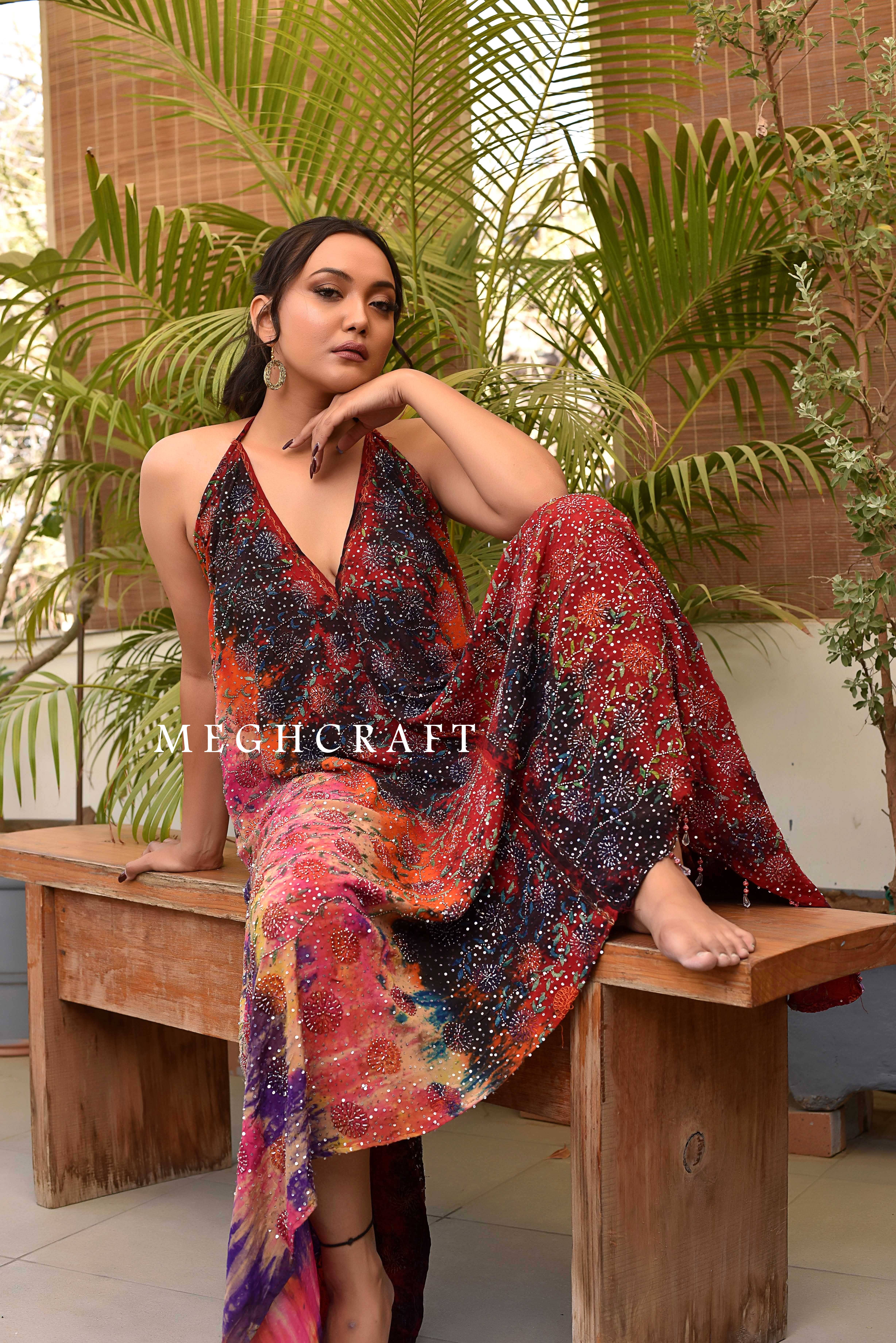 Meghcraft - Vendita all'ingrosso Vestito - Donna - Abito all'americana decorato con stampa tie-dye vintage indiano0