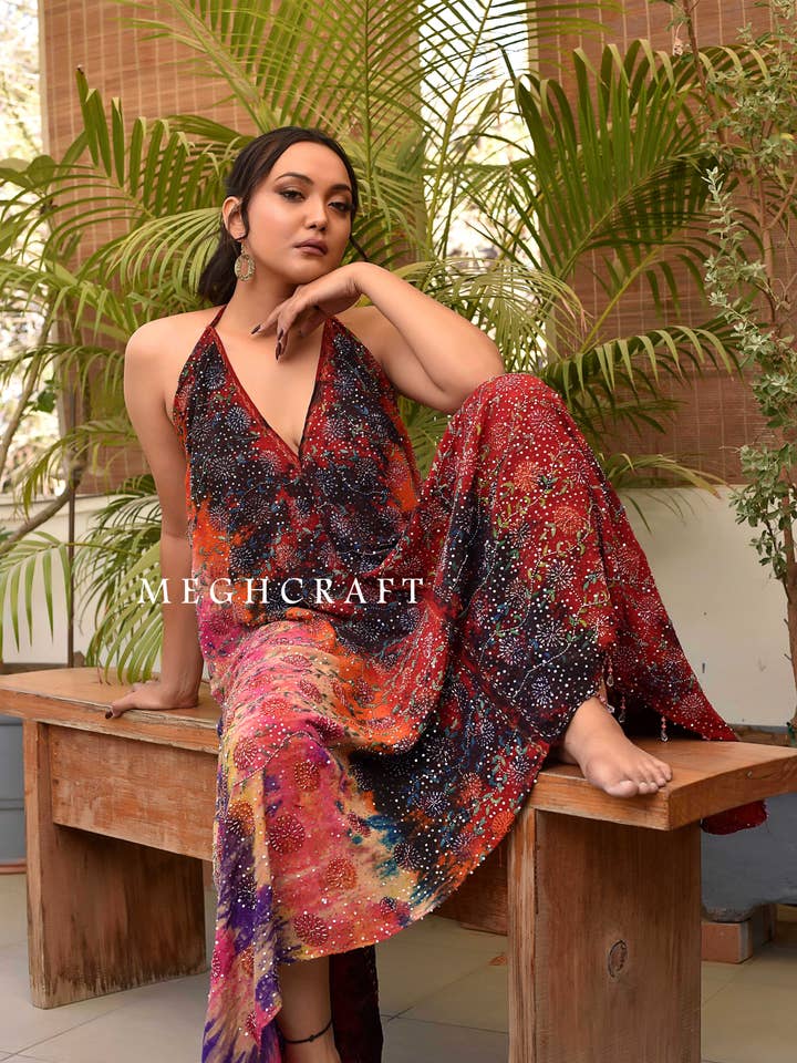 Meghcraft - Vendita all'ingrosso Vestito - Donna - Abito all'americana decorato con stampa tie-dye vintage indiano