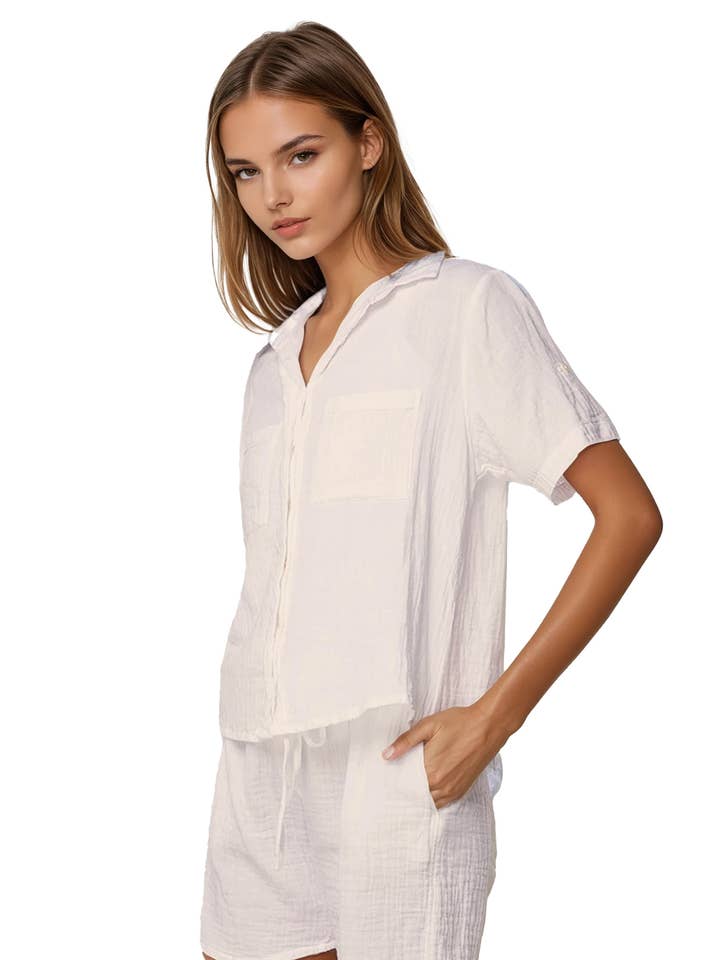 Double Gauze Cropped Cotton Getaway Solid Camp Shirt for wholesale by Subtle Luxury