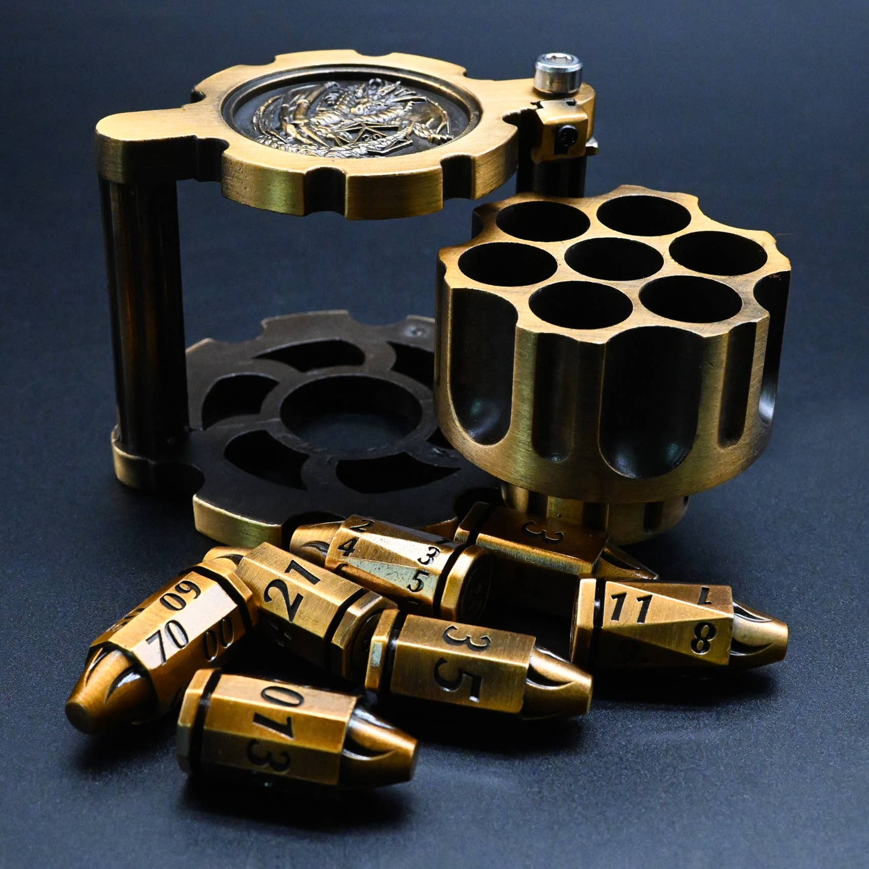 Tabletop Dominion Limited - Wholesale Dice - Hexchamber | Bullet Dice set and Revolver Holder | Gold2