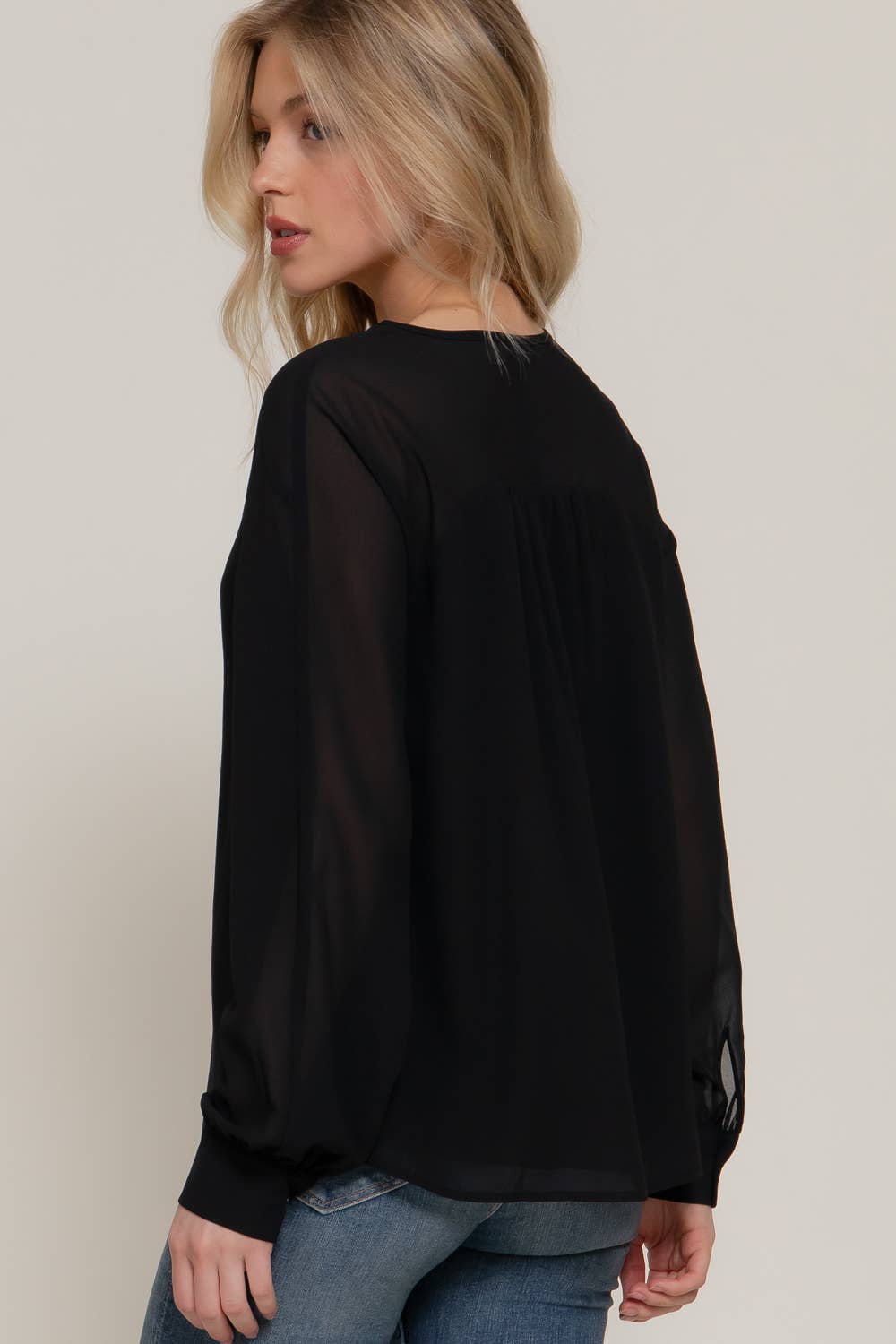 Active Basic | Active USA - Wholesale Blouse - Women's - Long Sleeve Round Neck with Hidden Placket Chiffon Blouse2