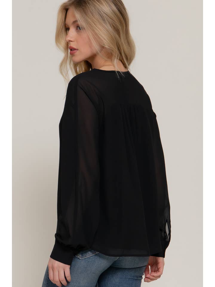 Active Basic | Active USA - Wholesale Blouse - Women's - Long Sleeve Round Neck with Hidden Placket Chiffon Blouse2