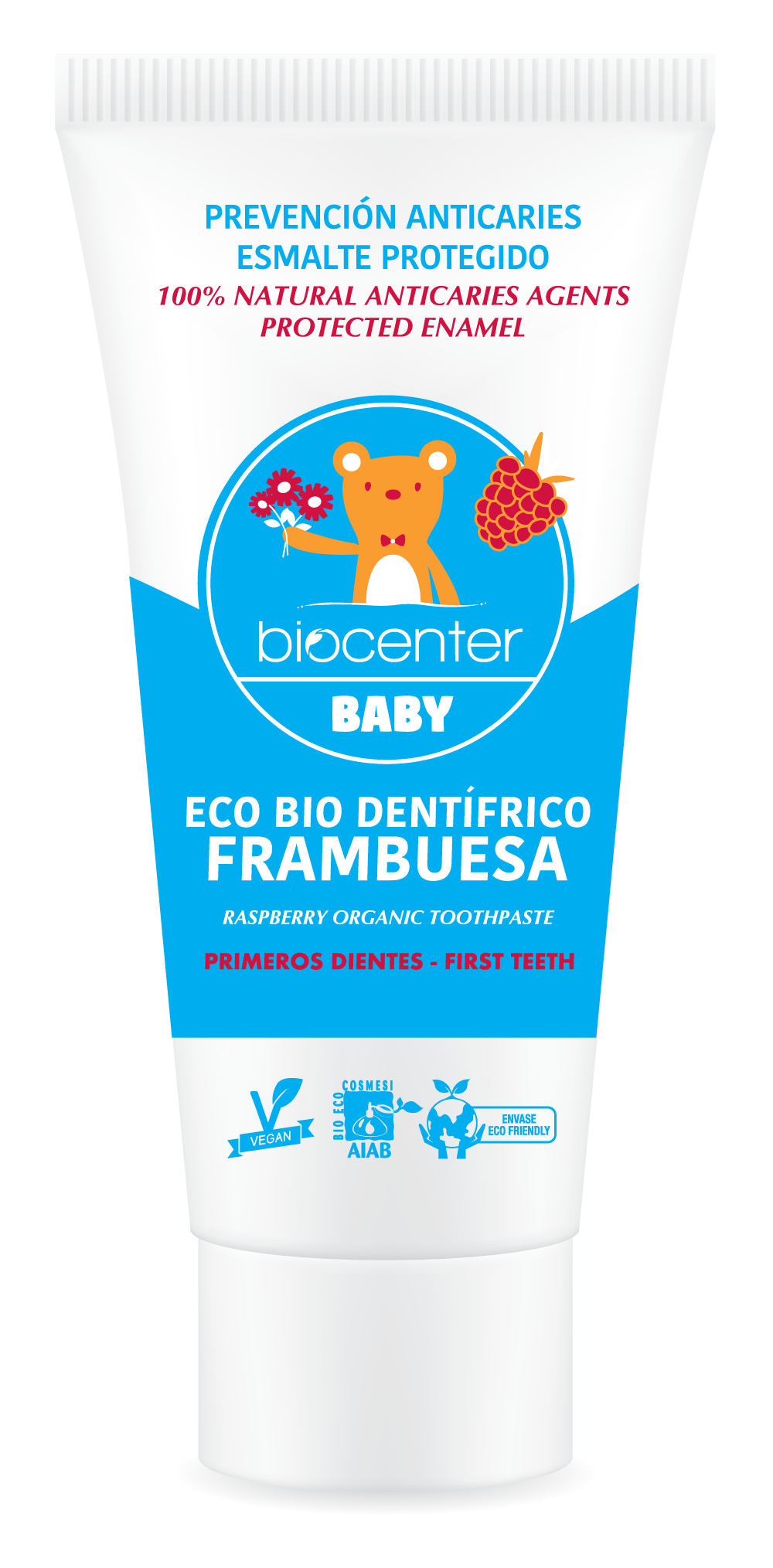 Biocenter – Engroshandel Tandpasta – Baby tandpasta med økologisk aloe vera og hindbær, vegansk og fluorfri0