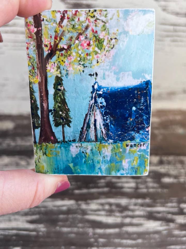 Camping Tent Art Magnet: wander for wholesale by Sunshine Girl Designs