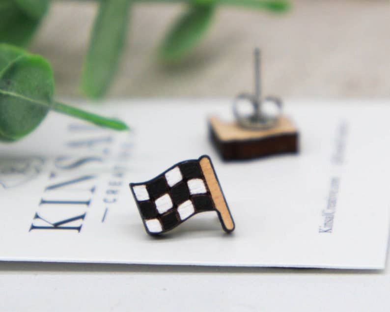 Kinsal Creative – wholesale Stud/post earrings – Checkered Flag Wood Stud Earrings1