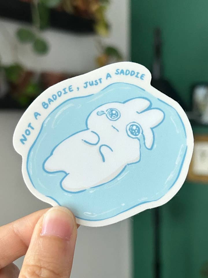 Not a baddie just a saddie vinyl sticker | crying bunny stic for wholesale by Shooley