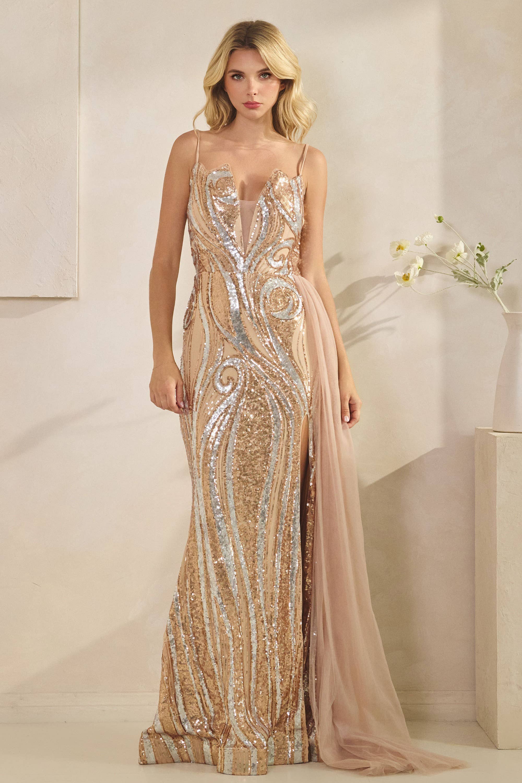 CHAMPAGNE Sequin side ruffed dress S#3758 for wholesale on Faire0