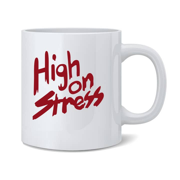 High On Stress Retro 80s Funny Ceramic Coffee Mug Cup for wholesale by Gotham Gifts