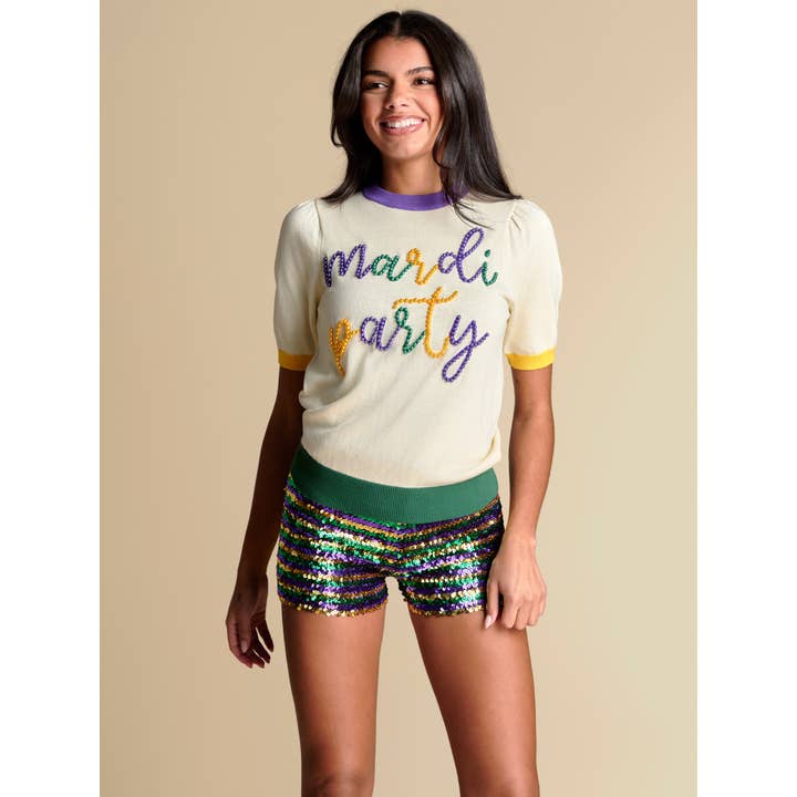 The Mardi Party Pearl Script Sweater for wholesale by Stewart Simmons