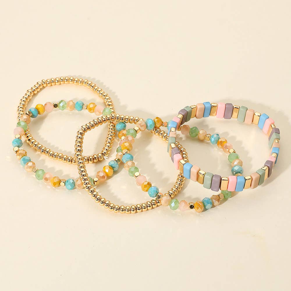 Sensibling Corp. - Wholesale Jewelry Set - 5PCS - Mixed Shape Textured Beaded Stretch Multi Layered Bracelets7