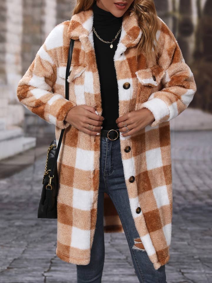 Plaid button through faux fur longline coat for wholesale by HIDDENBRAND