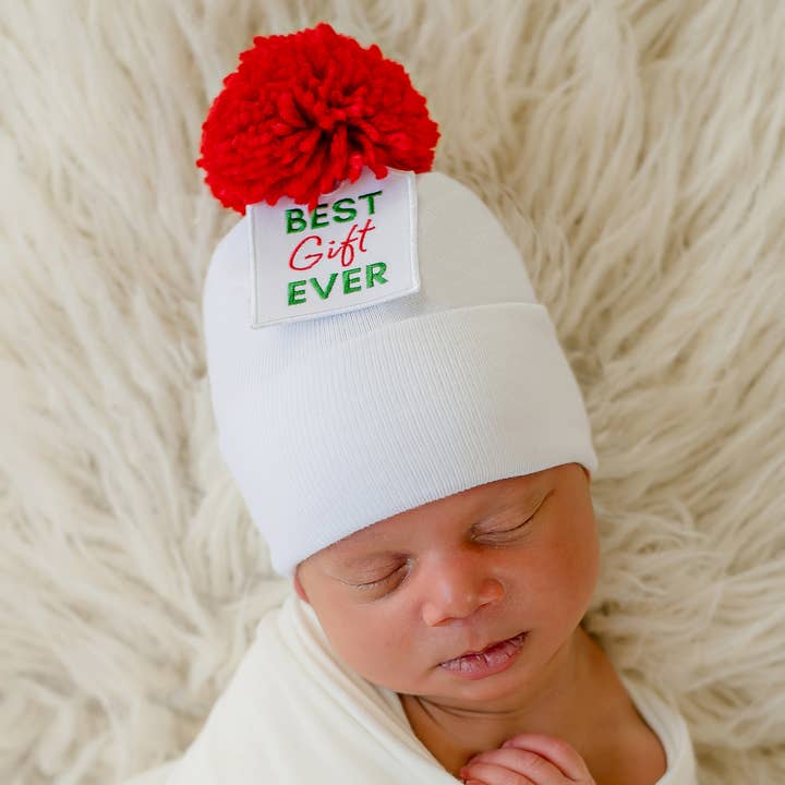Gorro de Navidad para recién nacido con etiqueta de regalo blanco de ilybean para venta al por mayor de www.ilybean.com