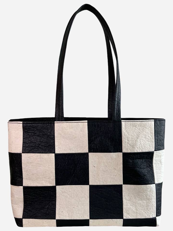 Large Tote, Checkered Patchwork Black/Natural for wholesale by Ceibo