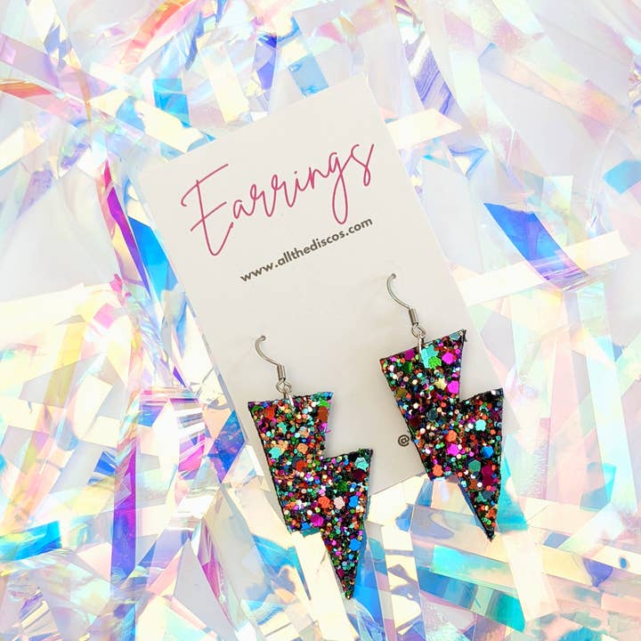 All The Discos - Wholesale Dangle Earrings - Small Deep Purple Glitter Lightning Bolt Earrings0