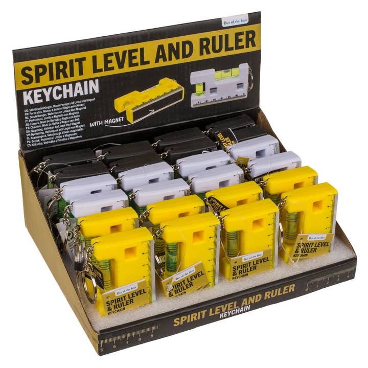 Porta-chaves metálico, nível de bolha e régua, com ímã, 10 x 4,6 x 2 cm, sortido em 3 cores, 24 unidades no expositor por atacado de Wurm