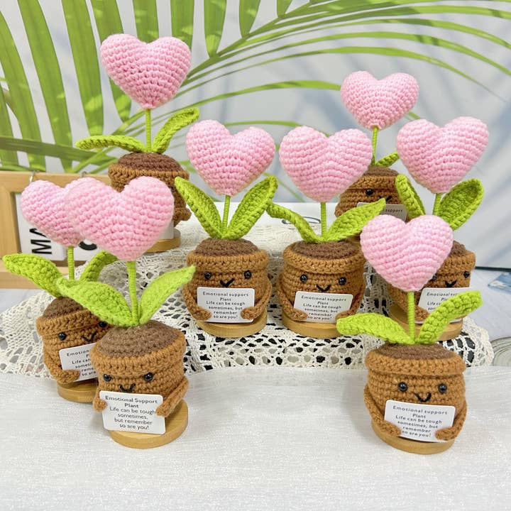 Handmade Crochet Pink Heart Plant, Emotional Support Plant for wholesale by Anh2 LTD