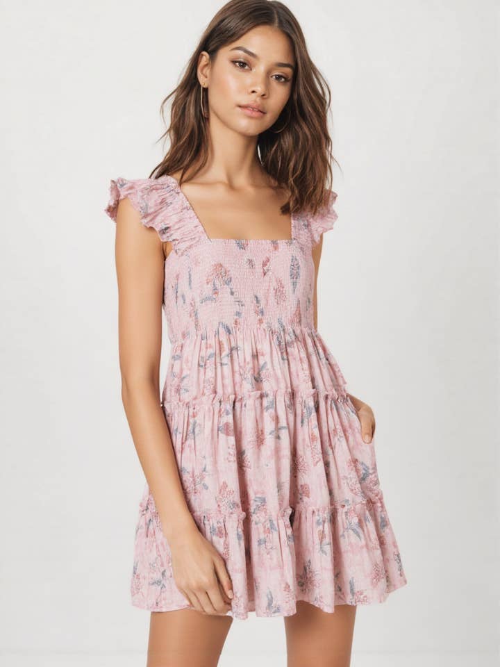 Baumwoll-Jute-Blumen-Rüschen-Minikleid für Damen für den Großhandel von Ariastop.com corporation