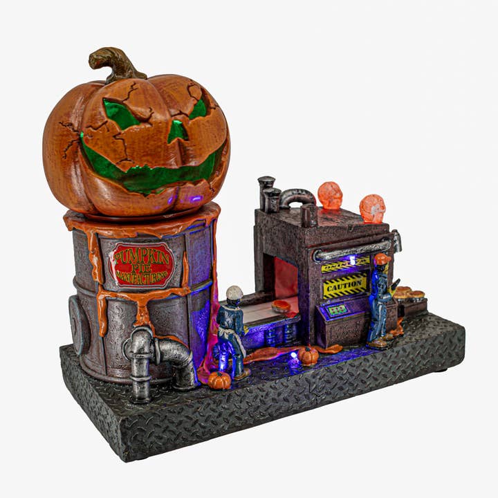 Animated Pumpkin Pie Manufacturing Halloween Village for wholesale by Forever Gifts Inc.