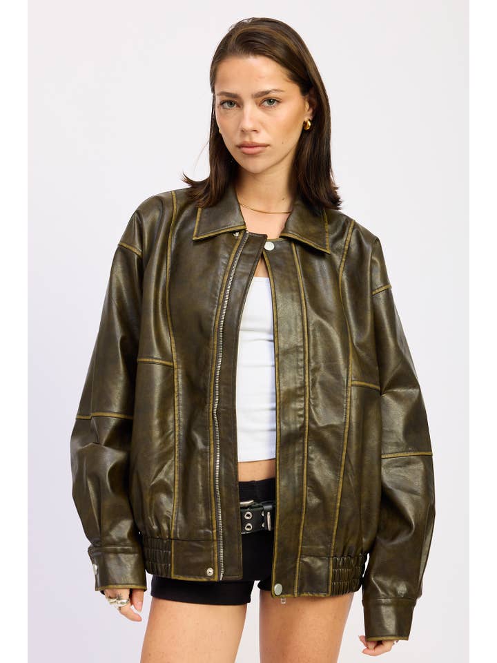Emory Park - Wholesale Bomber Jacket - Women's - VINTAGE PU OVERSIZED BOMBER JACKET0