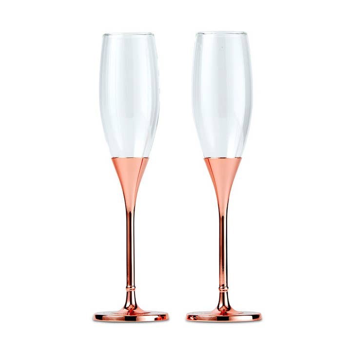 Rose Gold Champagne Glasses with Rhinestone Crystals for wholesale by Weddingstar Inc.