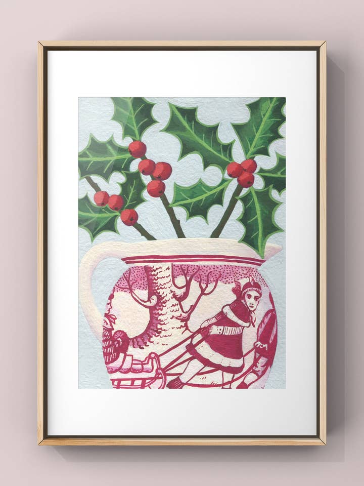 Holly in Sleigh Jug Print by Susie Hamilton for wholesale by Susie Hamilton Art