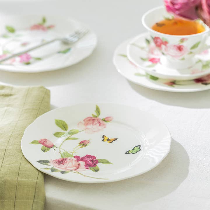 7.5" Kensington Pink Rose Bone China Dessert Plate for wholesale by Grace Teaware
