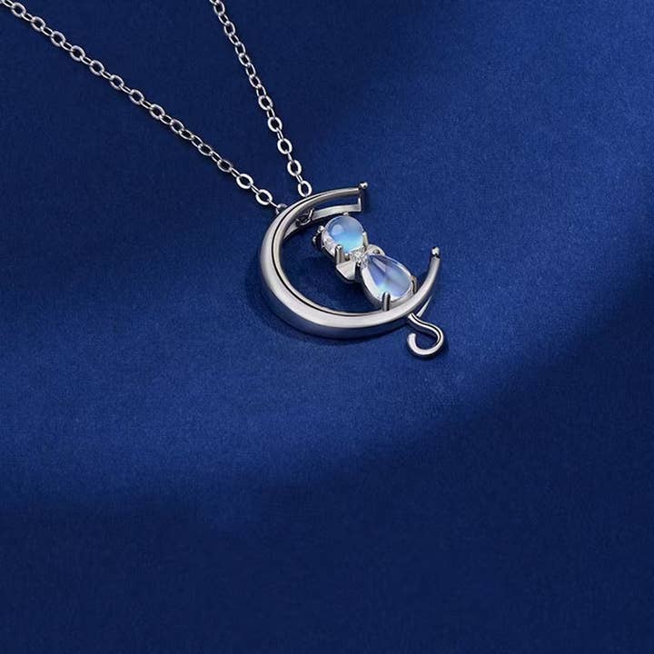 Perimade & Co. LLC - Wholesale Pendant/Charm Necklace - Dainty Cute Moon Cat Charm Necklace in 925 Sterling Silver2