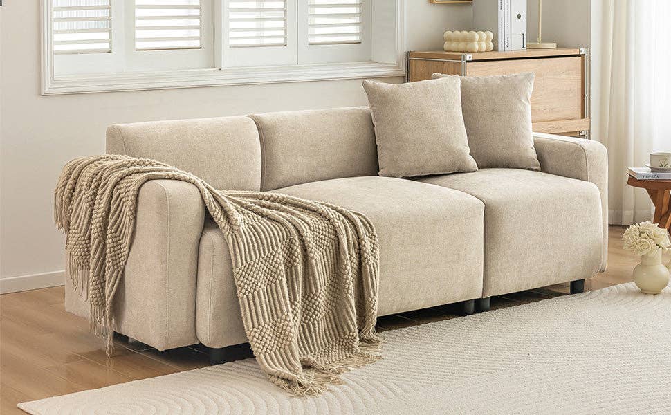 Urban Meuble - Wholesale Sofa - Modern sofa upholstered in beige chenille fabric 3-seater with cushions SHIDADS BEIGE 3 SEATS8