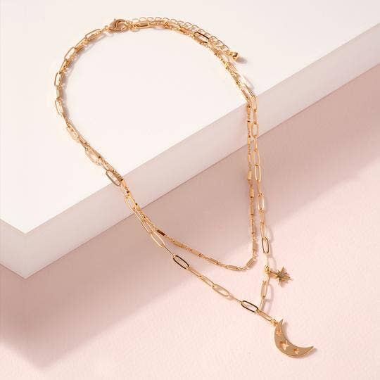2 Row Star and Crescent Moon Charm Paperclip Chain Necklace for wholesale by StarryNYC