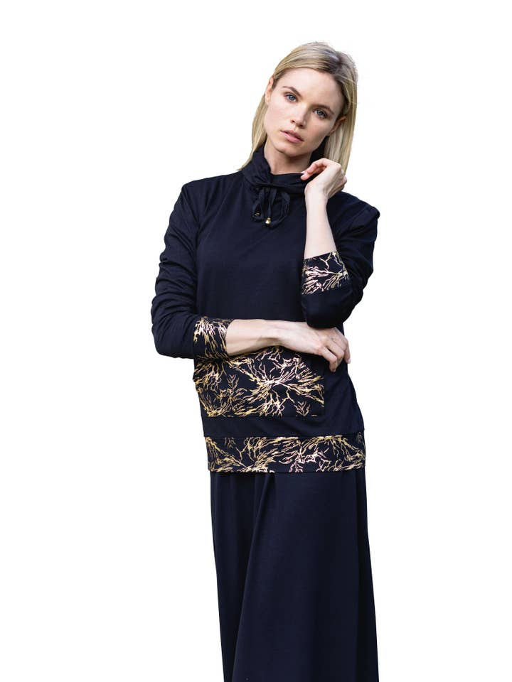 Ellwi Design - Wholesale Top & Skirt Set - Women's - Gold Print Top & Skirt - Black2