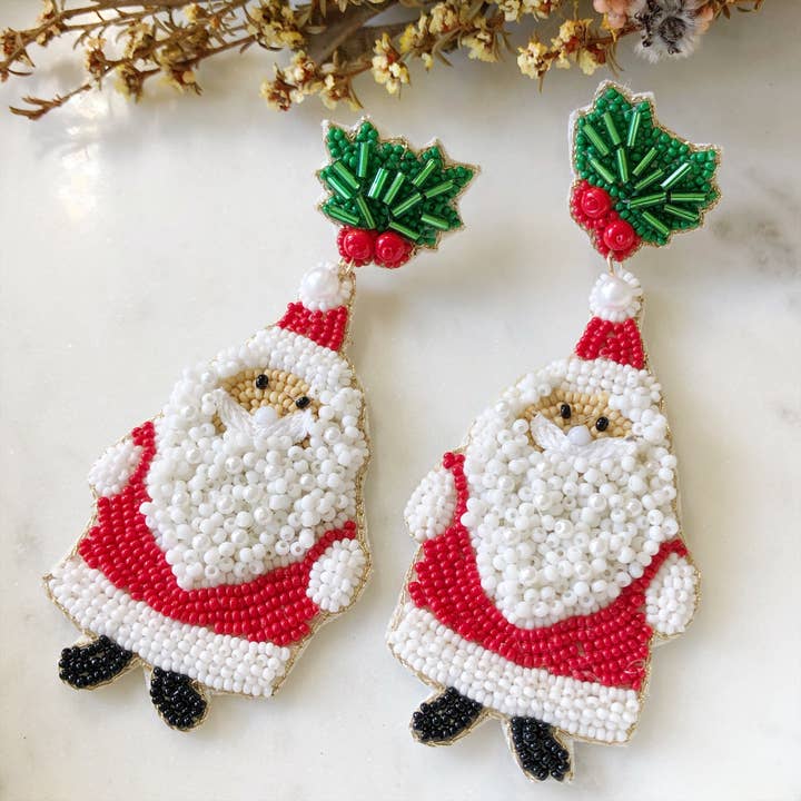 Kerst Santa Holly Dangle oorbellen met kralen voor wholesale door Love Bird Fashion Accessories