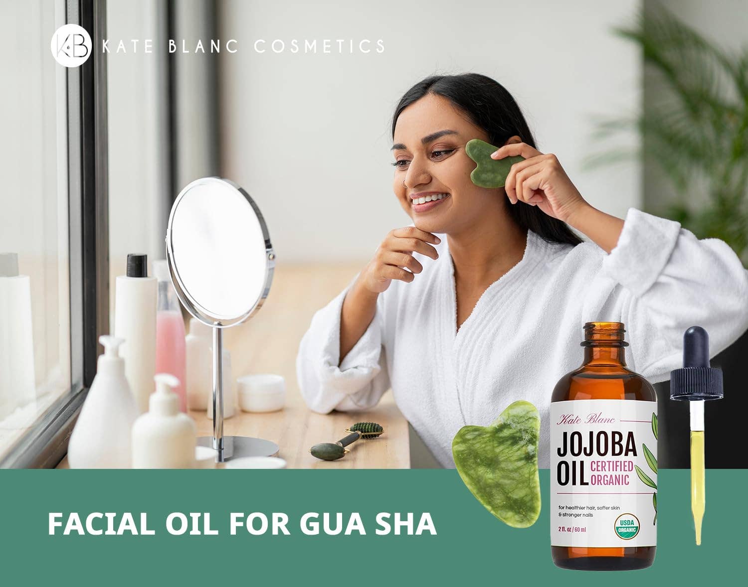 Kate Blanc Cosmetics – wholesale Bath/body oil – Organic Jojoba Oil with Jade Gua Sha Stone5