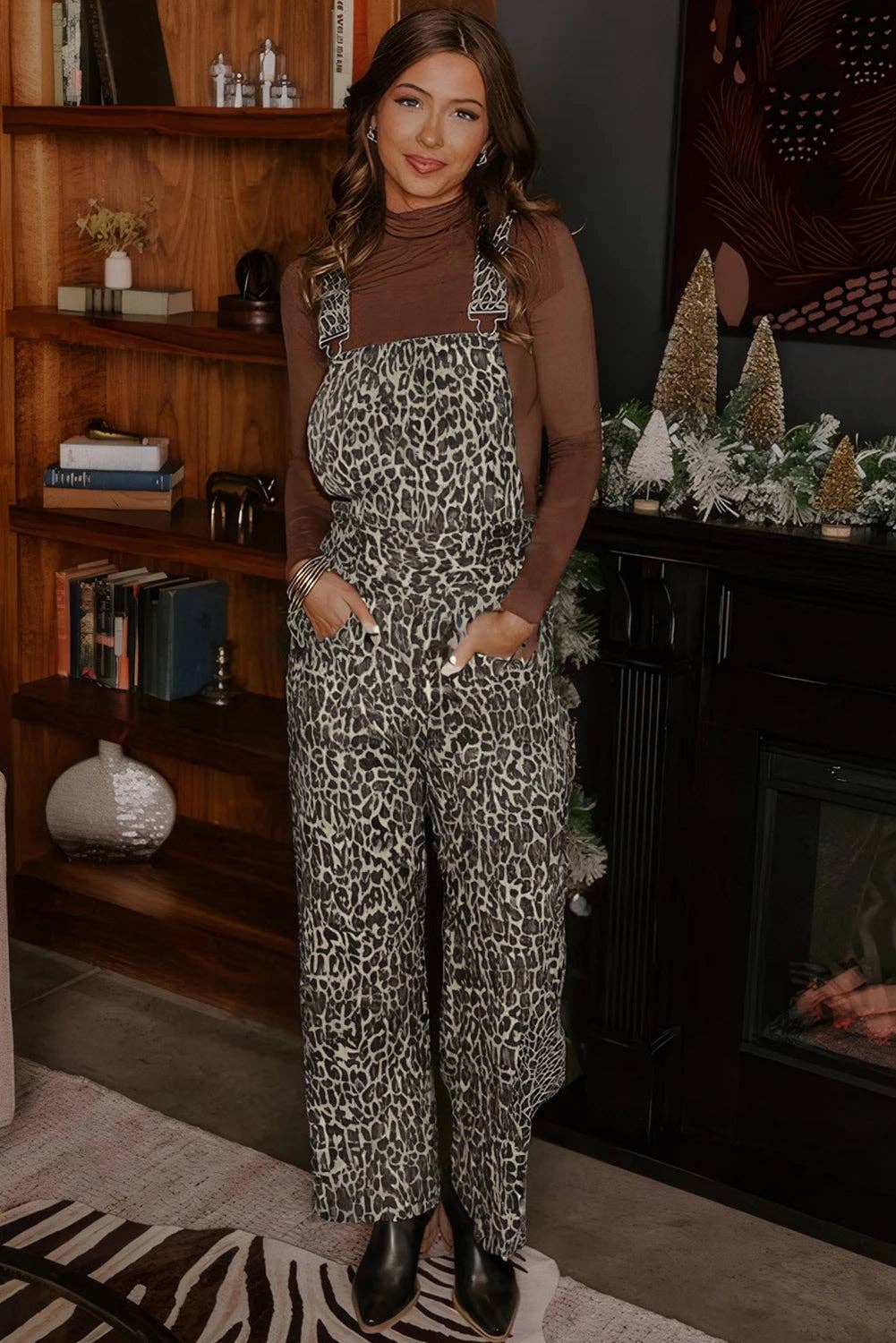 Brown Leopard Print Straight Leg Loose Denim Overall Jumpsuit for wholesale on Faire1