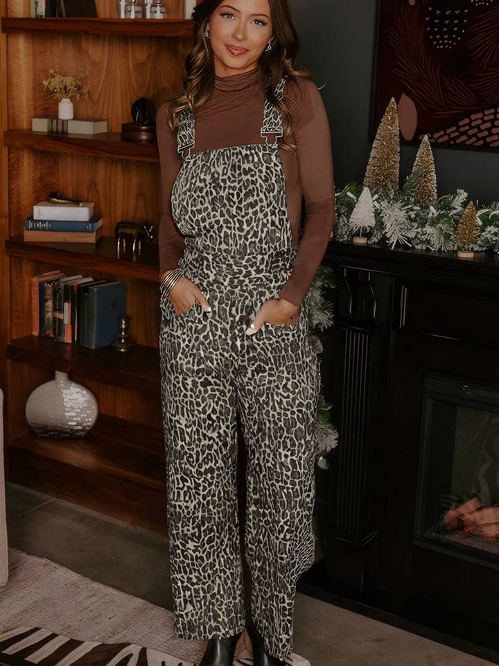 Brown Leopard Print Straight Leg Loose Denim Overall Jumpsuit for wholesale on Faire1
