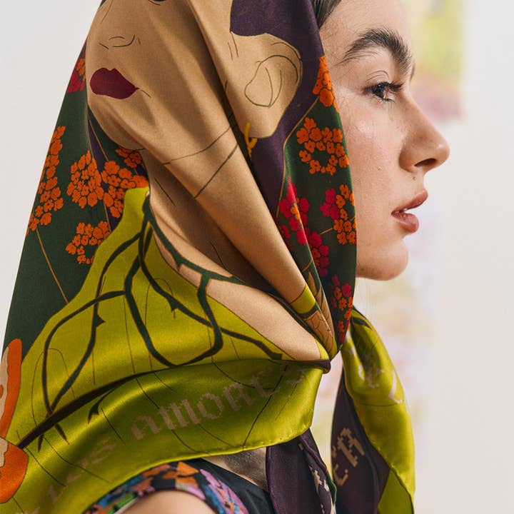 FRIDA x LOST PATTERN "Los Amores de Frida" Large Silk Scarf - Dark Green for wholesale on Faire5
