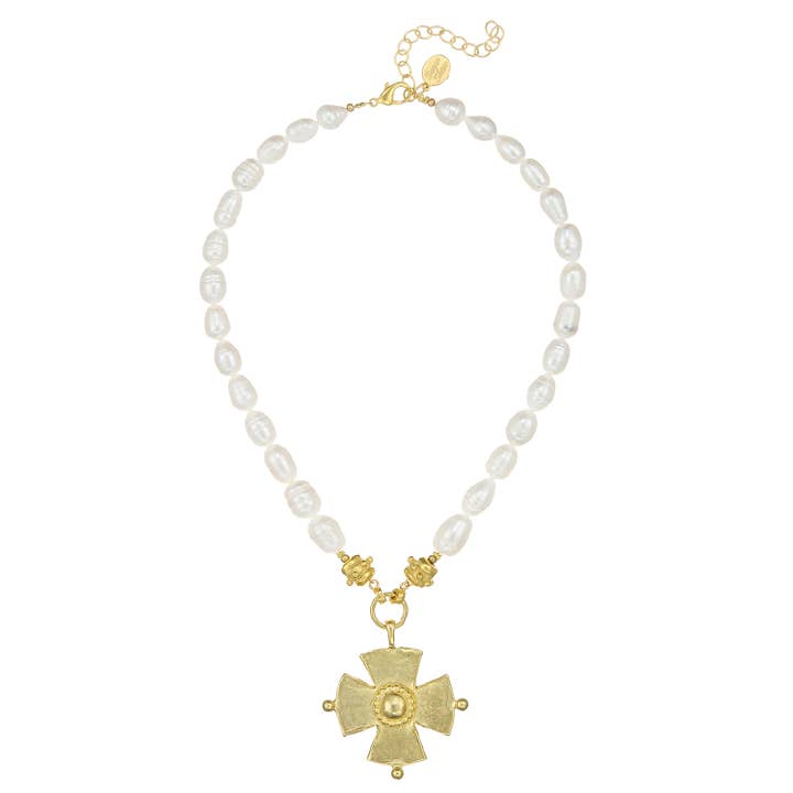 Gold Cross Necklace on Freshwater Pearl for wholesale by Susan Shaw