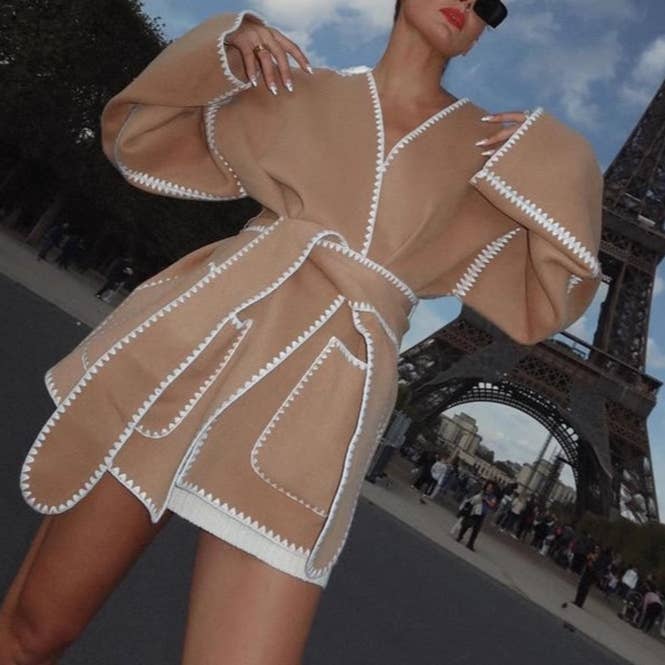 Women Shell Craft Belt Woolen Coat Top for wholesale by Svelte Seduction