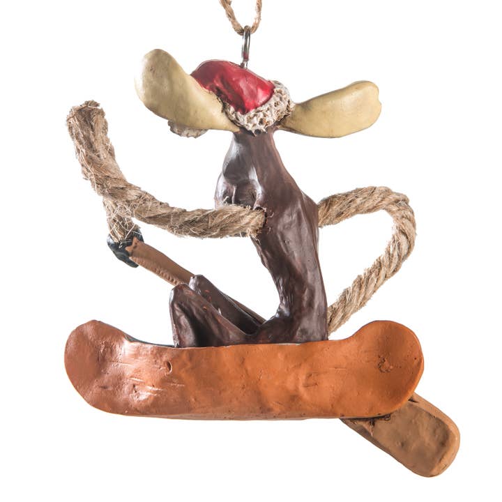 J Devlin Glass Art & Bert Anderson Collection - Wholesale Ornament - Moose In Canoe Ornament With Santa Hat | BAC 186