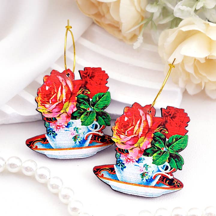 Kopje Verse Bloemen Kleurrijke Houten Oorbellen voor wholesale door HappyJewelrySupplies