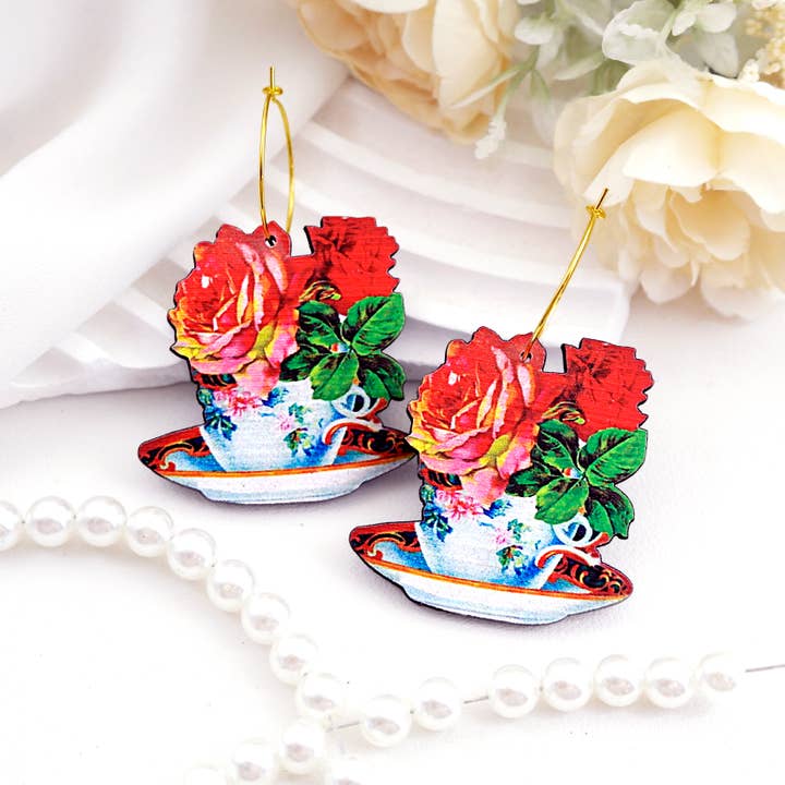 Cup of Fresh Flowers Colorful Wooden Earrings for wholesale by HappyJewelrySupplies